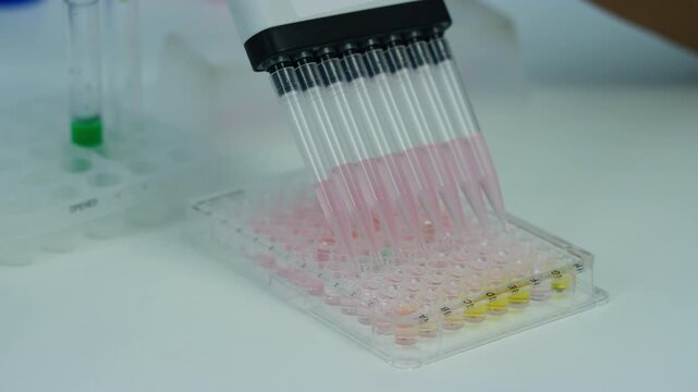 Transferring samples to microplate from multi channel pipette during scientific laboratory research, close up shot. Medicine, and biotechnology concepts.