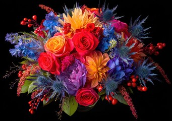 Vivid bouquet bursts with roses, dahlias, thistle, and berries against dark backdrop. Rich reds, oranges, purples, blues create a stunning floral display