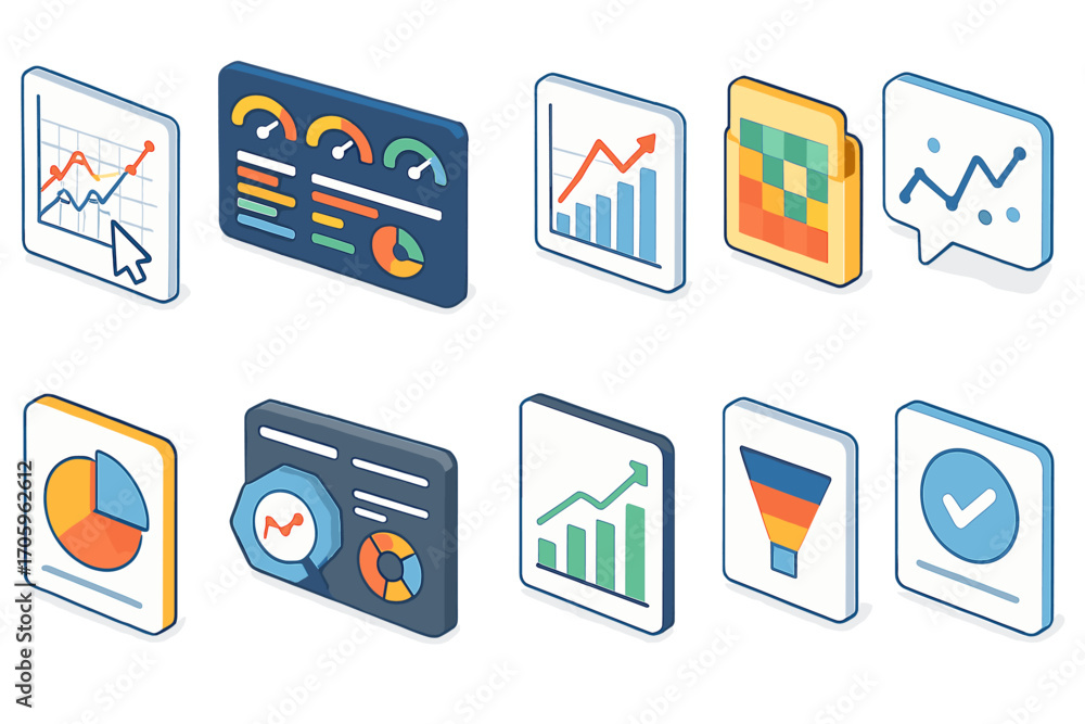 Aufkleber analytics, dashboard 3d icon set. data visualization, metrics tracking icons collection