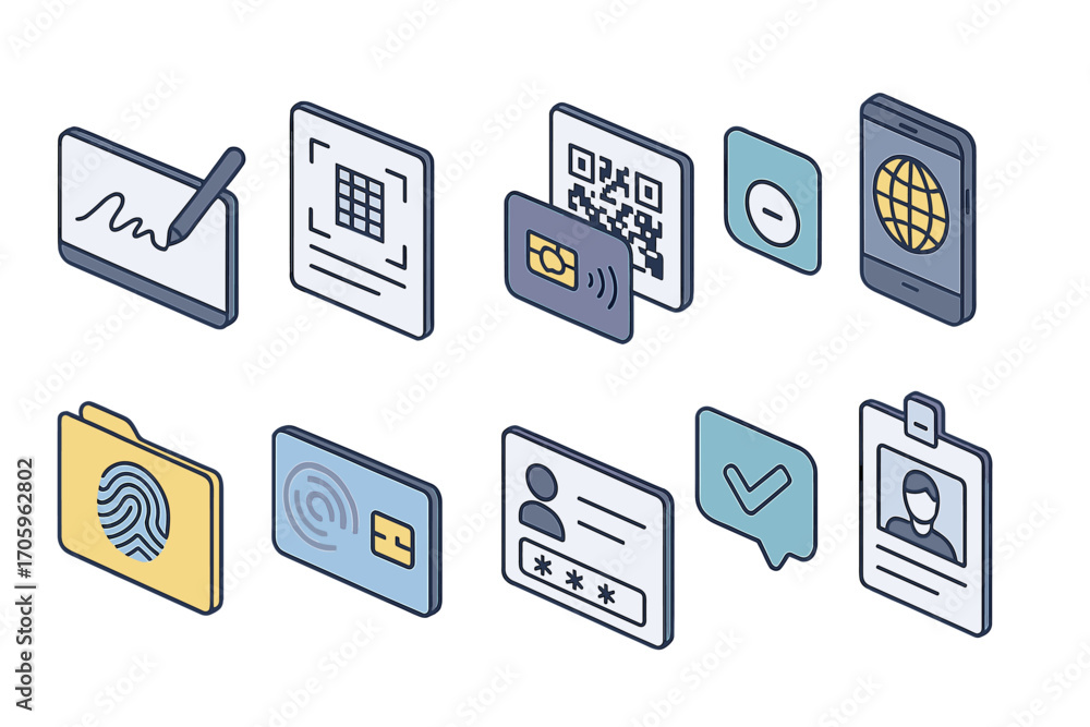 Poster security and identification icon set. digital access, verification icons in isometric 3d