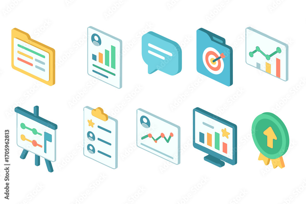 Poster business analytics 3d icon set. data visualization and report tools collection