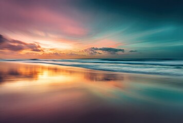 Dreamy seascape blurry waves meet sandy shore under a gradient sky blending pink, orange, and blue in a long-exposure photograph