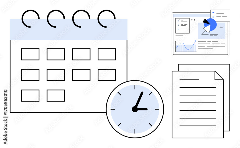Aufkleber calendar grid, clock showing time, document papers, and data analytics interface. ideal for planning