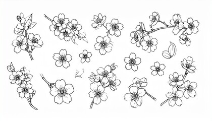 Elegant Cherry Blossom Branch Illustrations Hand-Drawn Floral Elements for Design