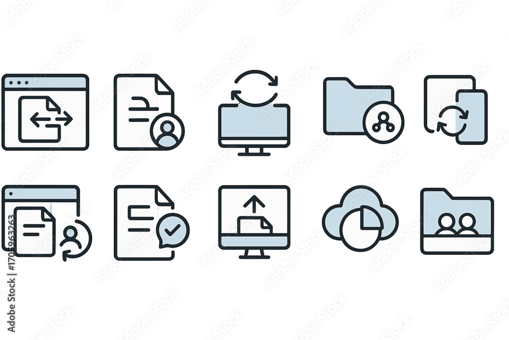 Poster file management line icon set. document, folder, cloud, network, sync, interface
