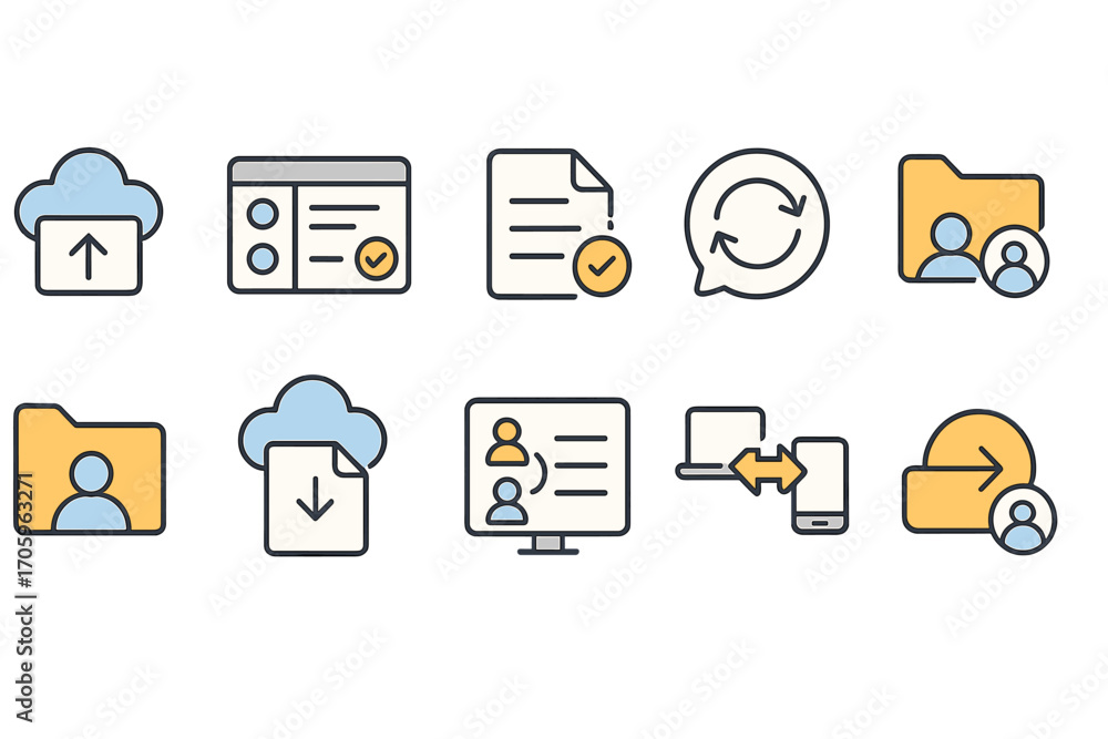 Poster cloud data management icon set. storage, transfer, synchronization linear collection