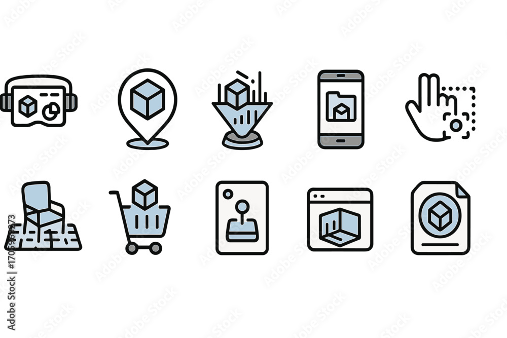 Poster augmented reality line icon set. virtual, digital elements in outline style