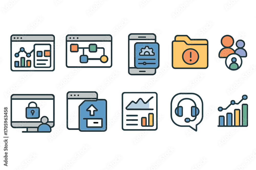 Poster business, technology line icon set. communication, workflow, security icons in linear style