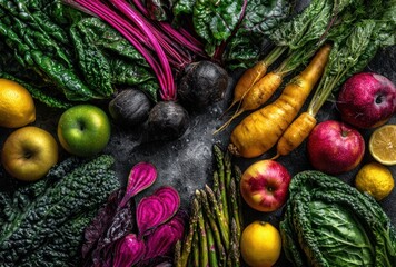 An aerial shot of colorful fresh produce beets, apples, lemons, carrots, kale, and asparagus displayed on a textured surface