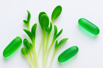 Fresh green sprouts stand next to shiny green sulforaphane capsules on a plain white background