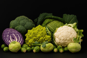 Fresh green vegetables are artfully arranged on a black surface, showcasing their colors and shapes