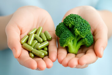 Hands display fresh broccoli and green sulforaphane capsules, highlighting choices in health and nutrition