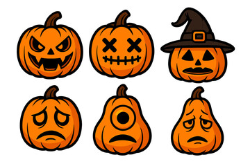Halloween pumpkin icon set. spooky faces in flat style for decor and celebration