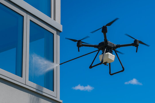 A drone sprays cleaning solution on the windows of a contemporary building on a sunny day