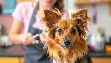A puppy enjoys a grooming session as a groomer prepares to trim its fur in a sunny salon