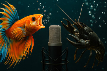 A goldfish and a crayfish interact near a microphone, creating a whimsical underwater atmosphere filled with bubbles