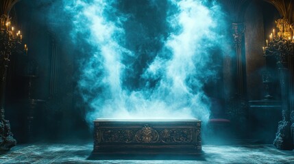 Fototapeta premium Mysterious ornate casket shrouded in ethereal blue smoke