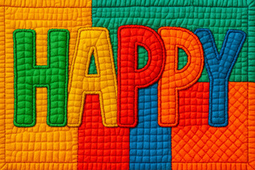 A vibrant quilt features the word happy crafted from bold, colorful letters against a patchwork background. The design radiates joy with its bright colors and playful arrangement