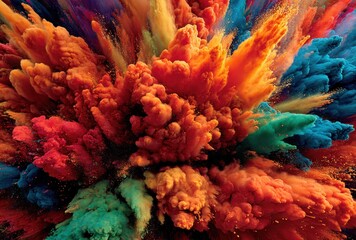 A vibrant explosion of multicolored powder bursts outward, creating a dynamic and abstract cloud of pigments in shades of orange, blue, and green