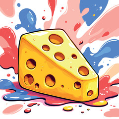 Vsai wedge of swiss cheese melting on colorful background