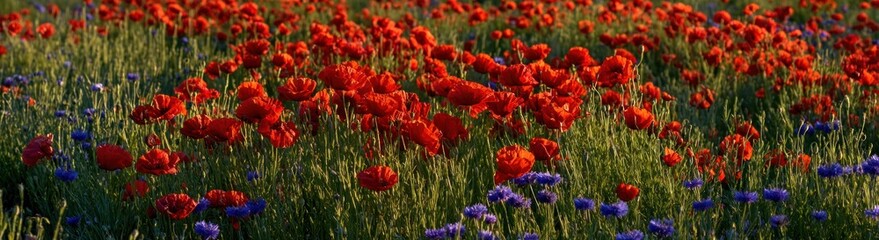 Field of wildflowers, red poppies and blue cornflowers sway in the breeze, bathed in the soft glow of golden hour light
