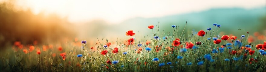 A field of red poppies & blue cornflowers sway in the sunlight, blurred background of green trees and misty hills. Golden hour