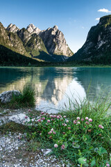 Lake Dobbiaco or Toblacher See in the Dolomite Alps, South Tyrol, Italy