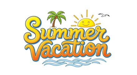 Fototapeta premium Summer Vacation Illustration with Palm Tree, Sun, and Seagull.