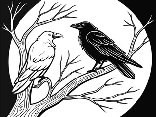 Fototapeta premium Two Birds on Tree Branch Black and White Vector Illustration
