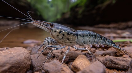 Close-up of a shrimp on river rocks. Lush forest background