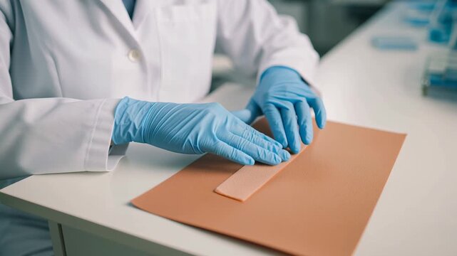 Asian female scientist examining a flexible synthetic skin patch in modern laboratory. Concept of biomedical research, soft tissue engineering, and innovation in medical technology.