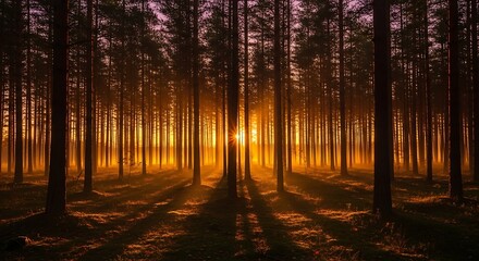 Obraz premium Sunbeams filtering through dense forest trees.