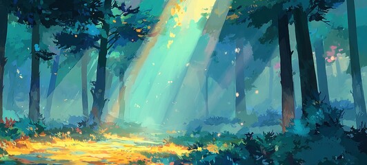 Dreamy forest with dappled sunlight filters through tall trees, illuminating the ground with a warm golden glow in this whimsical painted landscape