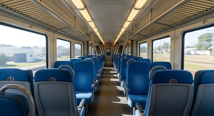 Fototapeta premium Empty Modern Passenger Train Interior with Blue Seats and Large Windows