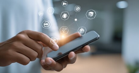 Person interacts with a smart phone that projects floating icons for various services and technologies