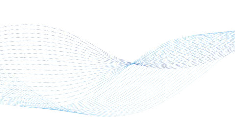 Blue dotted wave line pattern. Flowing dot particles wave pattern halftone black gradient smooth curve shape isolated on transparent background.	