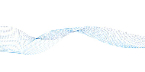 Blue dotted wave line pattern. Flowing dot particles wave pattern halftone black gradient smooth curve shape isolated on transparent background.	