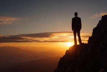 A solitary figure in a dark suit stands on a rocky peak silhouetted against a stunning sunrise with mountain ranges bathed in golden light