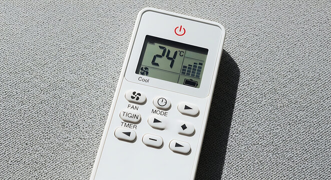 Close-up of a white air conditioner remote control displaying a temperature of 24 degrees Celsius on a textured surface.