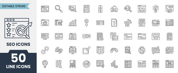 SEO line icons set with editable stroke. Containing Growth chart, browser, creative service, chart, algorithm, start campaign, page rank, user inter face and more. Vector illustration