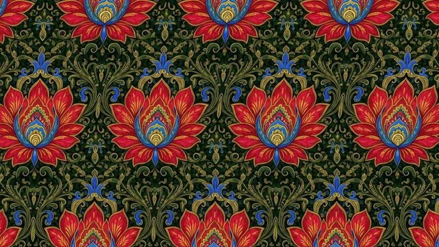 Ornate floral pattern with large red and blue stylized flowers on a dark green background with intricate scrollwork.