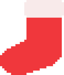 Red Christmas sock in pixel art style. Isolated vector design element. Christmas sock icon.