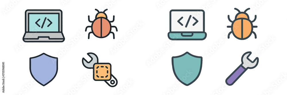 Poster software development and computer security icon collection with symbols for coding, debugging, prote