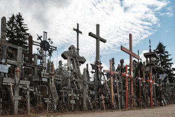  View of holy hill of crosses, place of pilgrimage and worship of Christians around world