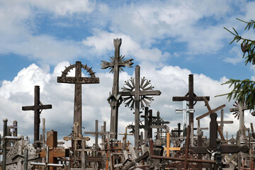  View of holy hill of crosses, place of pilgrimage and worship of Christians around world