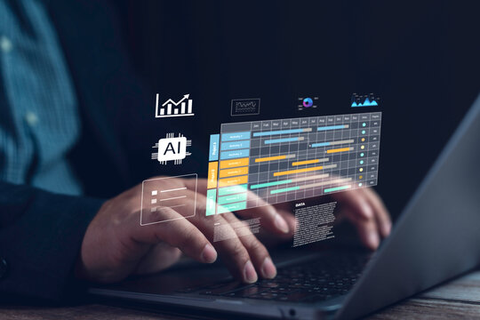 Businessman working on a laptop and using artificial intelligence to manage project timelines and analyze data, improving efficiency and decision making in business operations