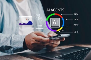 Businessman is using AI agent on smartphone for data analysis and processing, integrating artificial intelligence into business operations for enhanced efficiency and productivity