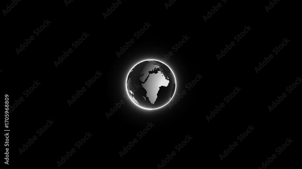 Poster glowing neon world map animation. hologram of rotating neon wireframe planet earth. radio waves anim