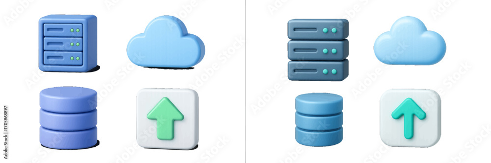 Poster set of 3d style icons representing cloud computing, data server, database storage, and file upload f
