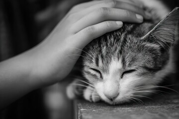 Child's hand gently petting a sleeping tabby cat